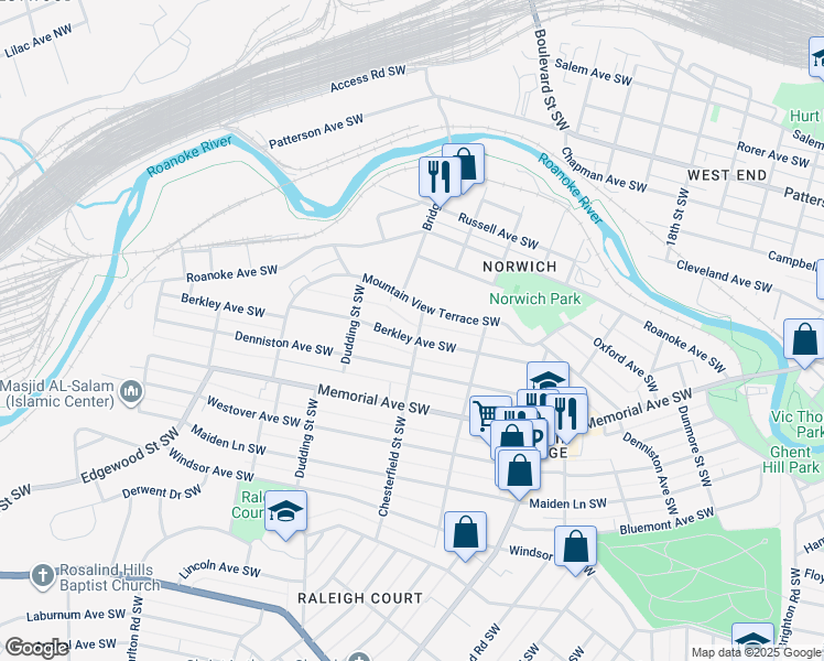 map of restaurants, bars, coffee shops, grocery stores, and more near 2201 Berkley Avenue Southwest in Roanoke