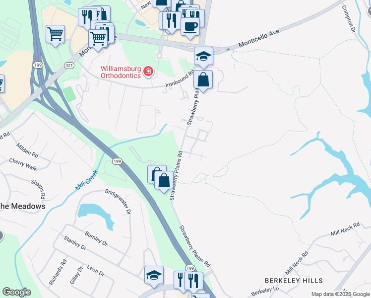 map of restaurants, bars, coffee shops, grocery stores, and more near 101 Bailey Dr in Williamsburg