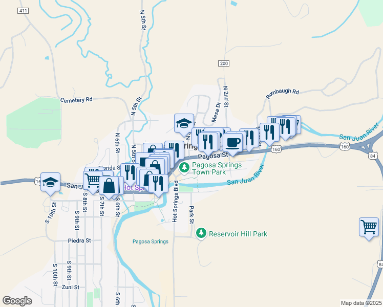map of restaurants, bars, coffee shops, grocery stores, and more near 102 North 3rd Street in Pagosa Springs