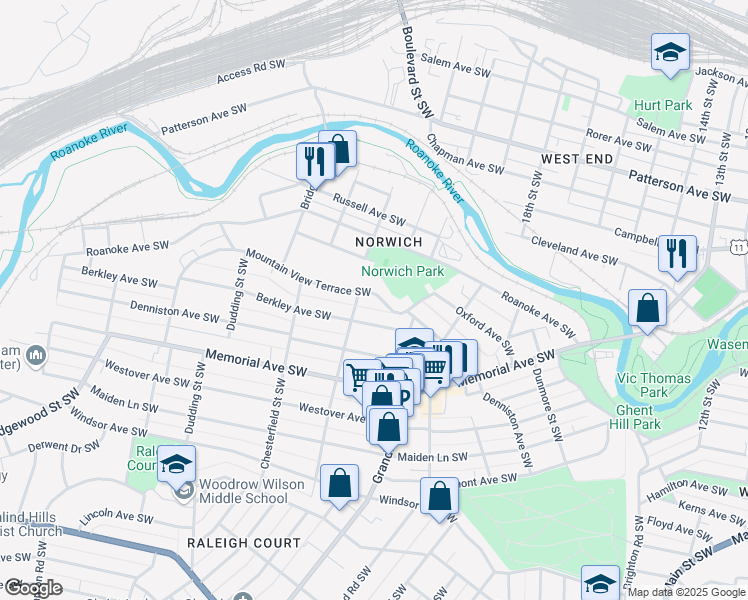map of restaurants, bars, coffee shops, grocery stores, and more near 2040 Mountain View Terrace Southwest in Roanoke