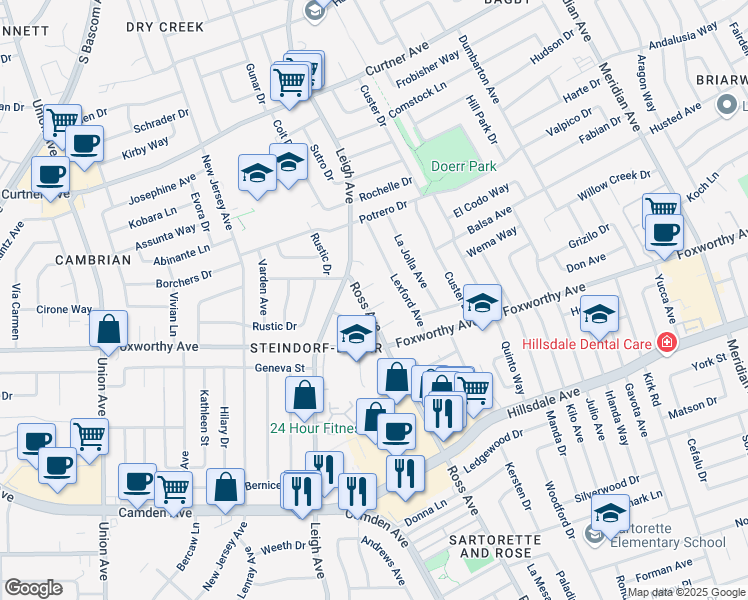 map of restaurants, bars, coffee shops, grocery stores, and more near 1831 Alta Mira Place in San Jose