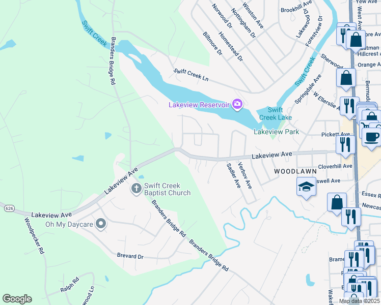 map of restaurants, bars, coffee shops, grocery stores, and more near 918 Lakeview Avenue in Colonial Heights