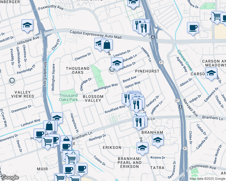 map of restaurants, bars, coffee shops, grocery stores, and more near 4059 Anfield Court in San Jose