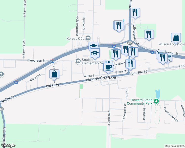 map of restaurants, bars, coffee shops, grocery stores, and more near 221 West Pine Street in Strafford