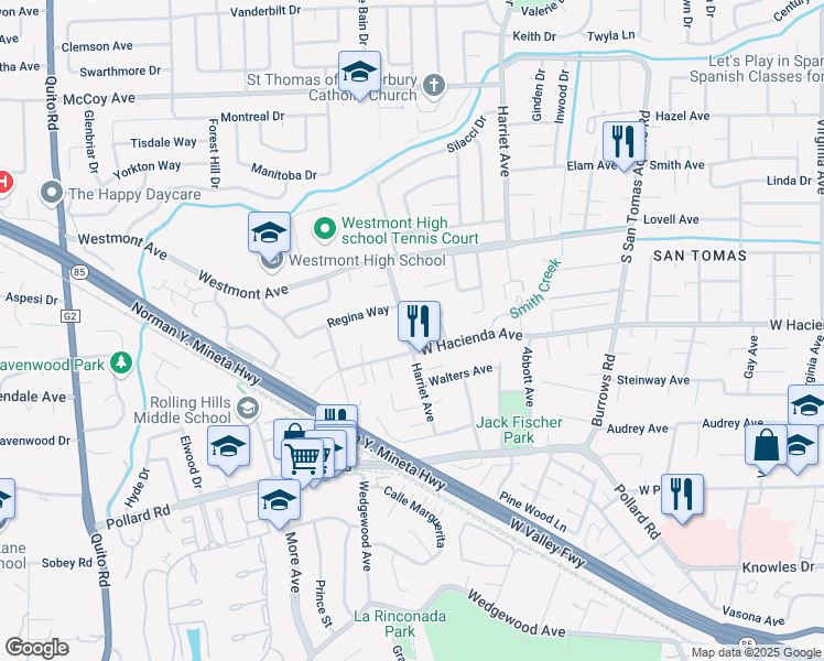map of restaurants, bars, coffee shops, grocery stores, and more near 1236 Harriet Avenue in Campbell