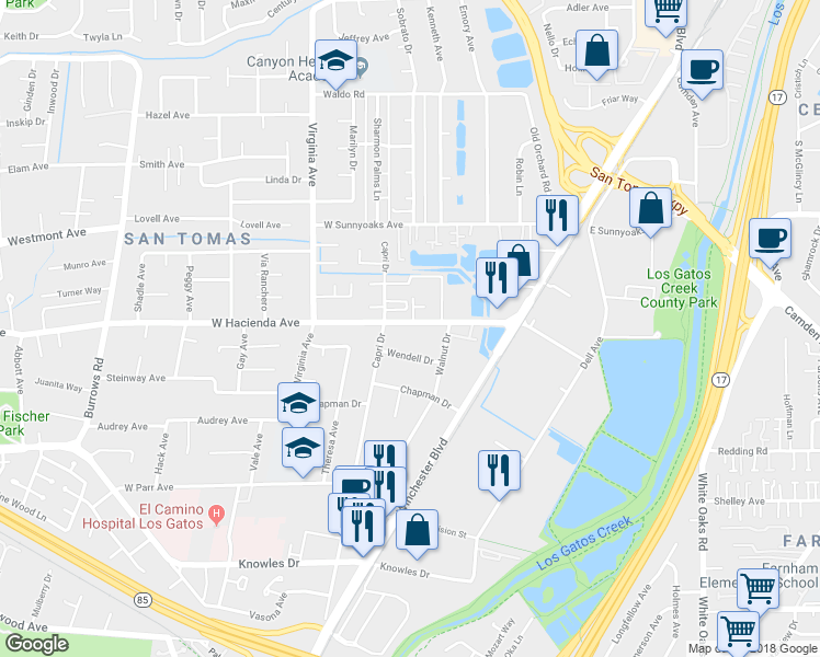 map of restaurants, bars, coffee shops, grocery stores, and more near 600 West Hacienda Avenue in Campbell