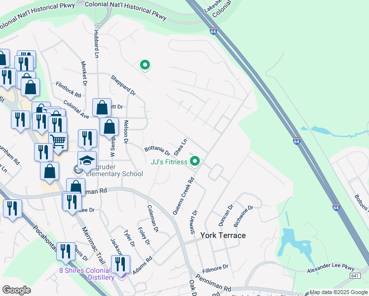 map of restaurants, bars, coffee shops, grocery stores, and more near 105 Shea Lane in Williamsburg