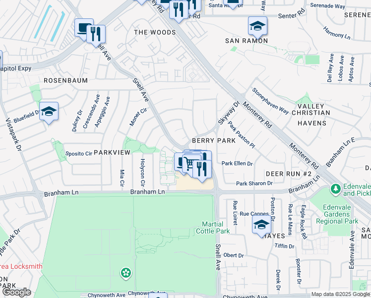 map of restaurants, bars, coffee shops, grocery stores, and more near Snell Ave & Skyway Dr in San Jose