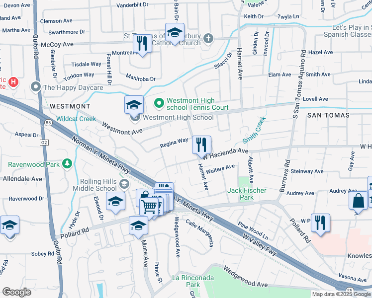 map of restaurants, bars, coffee shops, grocery stores, and more near 1770 Regina Way in Campbell