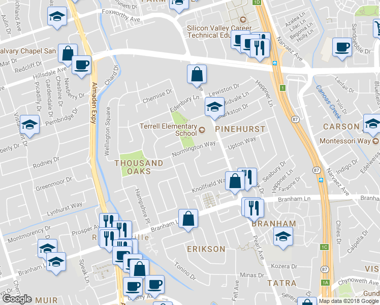 map of restaurants, bars, coffee shops, grocery stores, and more near 938 Normington Way in San Jose