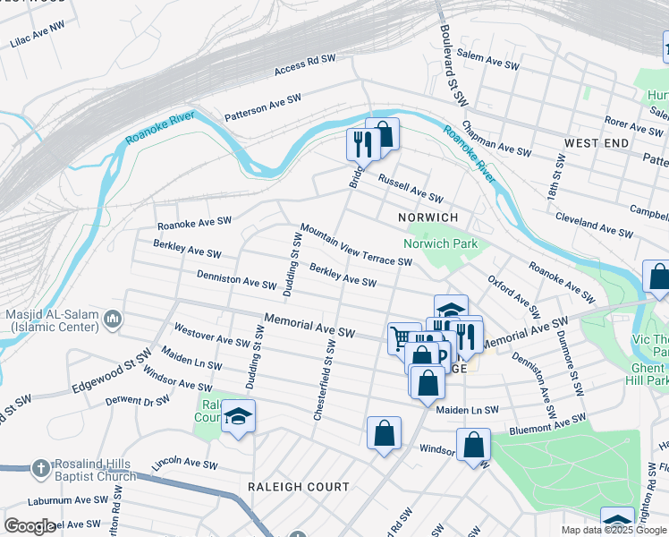 map of restaurants, bars, coffee shops, grocery stores, and more near 2211 Berkley Avenue Southwest in Roanoke