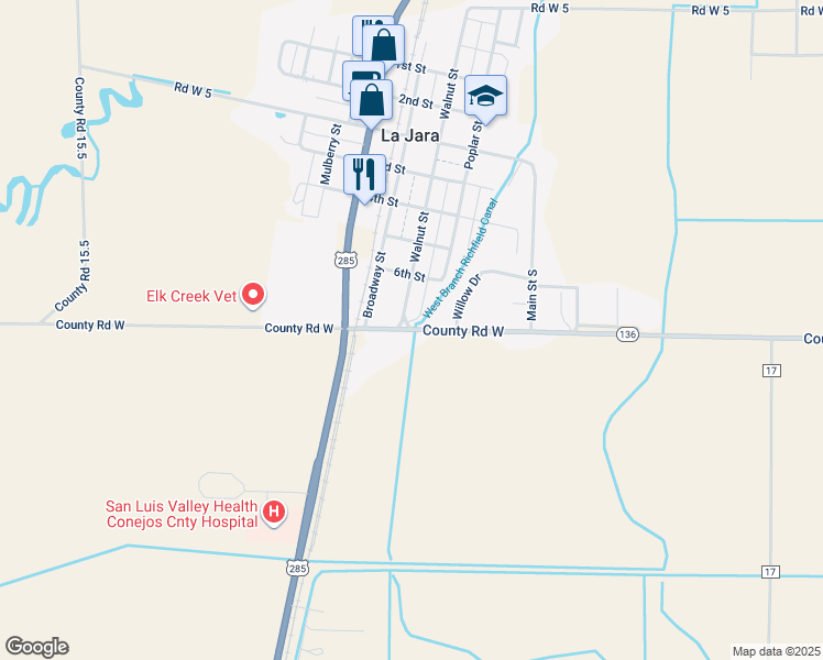 map of restaurants, bars, coffee shops, grocery stores, and more near County Road West in La Jara