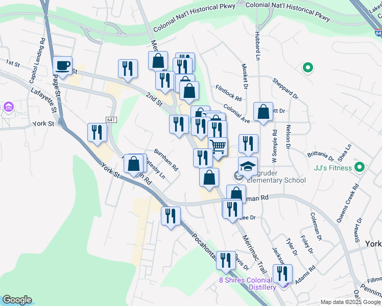 map of restaurants, bars, coffee shops, grocery stores, and more near 600 Merrimac Trail in Williamsburg