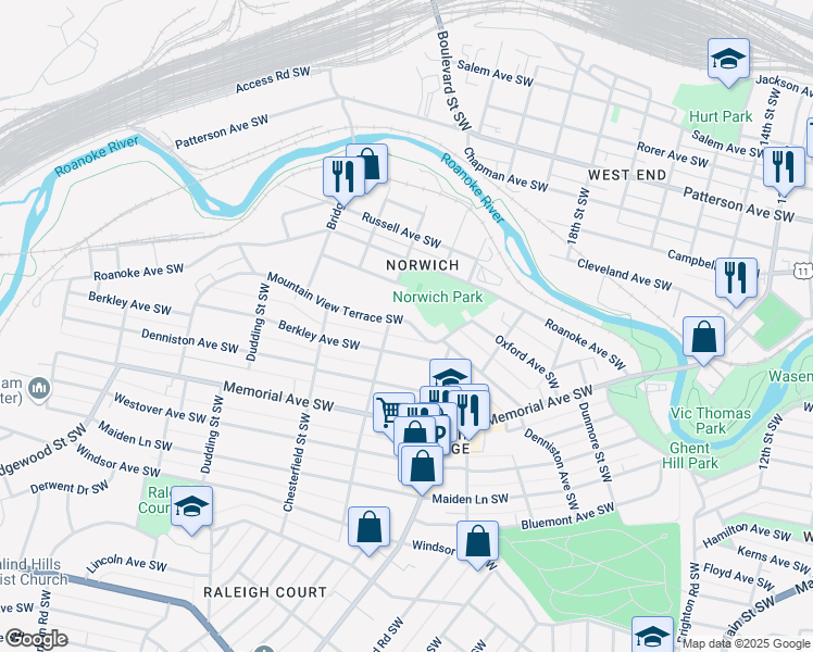 map of restaurants, bars, coffee shops, grocery stores, and more near 2040 Mountain View Terrace Southwest in Roanoke