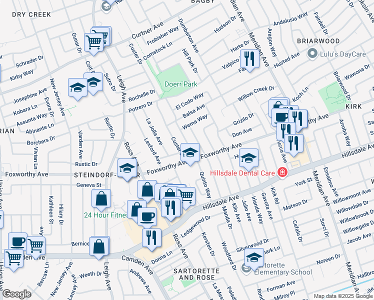 map of restaurants, bars, coffee shops, grocery stores, and more near 2953 Quinto Way in San Jose
