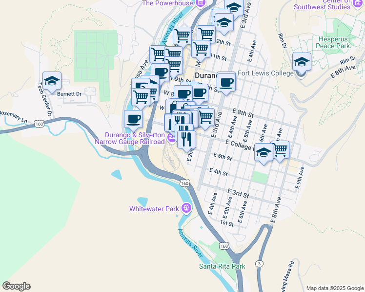 map of restaurants, bars, coffee shops, grocery stores, and more near 147 East 5th Street in Durango