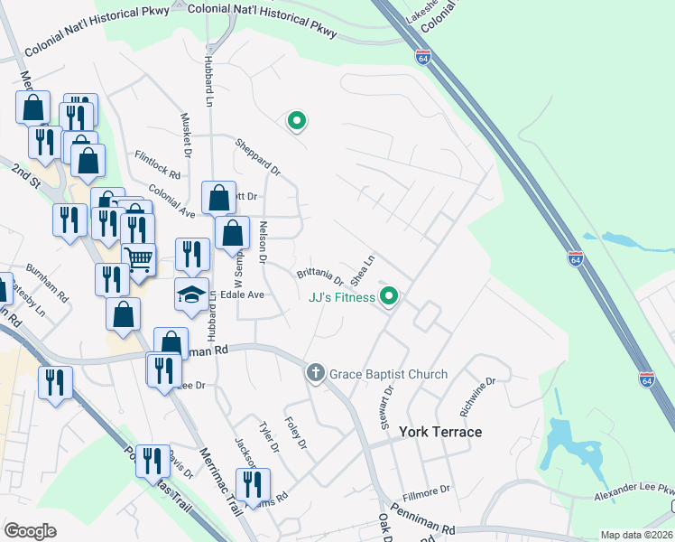 map of restaurants, bars, coffee shops, grocery stores, and more near 107 Trafalgar Court in Williamsburg