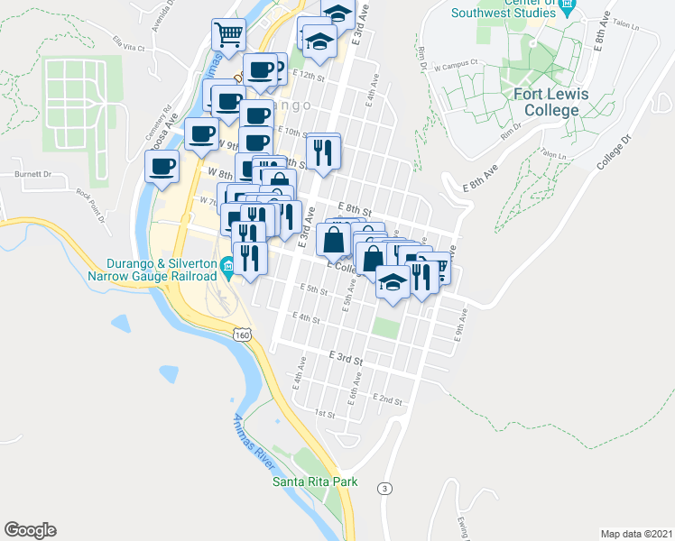 map of restaurants, bars, coffee shops, grocery stores, and more near 434 East College Drive in Durango