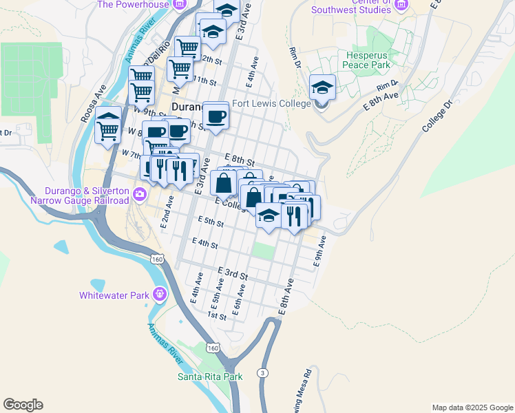 map of restaurants, bars, coffee shops, grocery stores, and more near in Durango