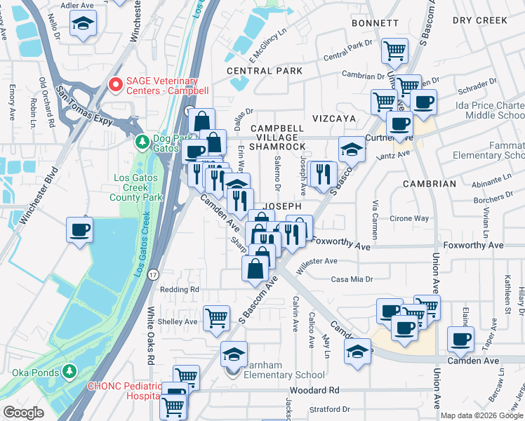 map of restaurants, bars, coffee shops, grocery stores, and more near 388 Shamrock Drive in Campbell