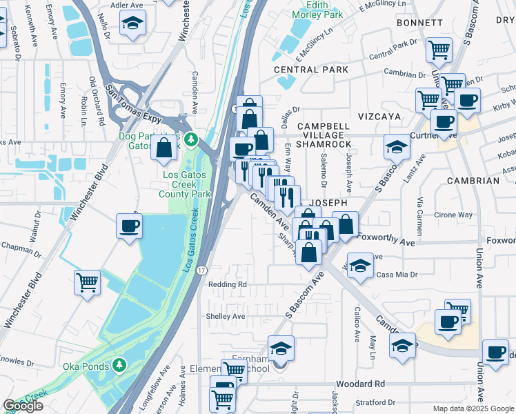 map of restaurants, bars, coffee shops, grocery stores, and more near 1331 Camden Avenue in Campbell
