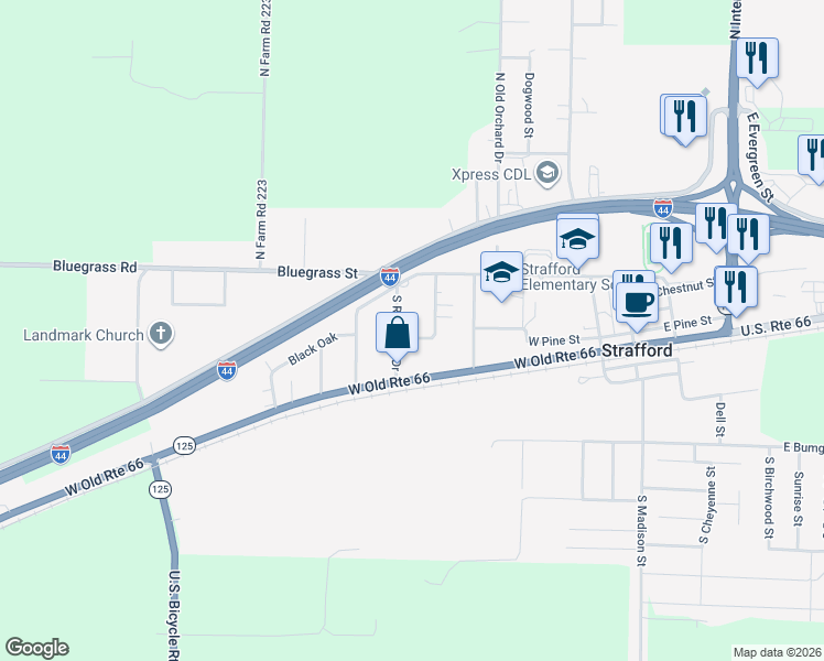map of restaurants, bars, coffee shops, grocery stores, and more near 425 West Hillcrest Street in Strafford