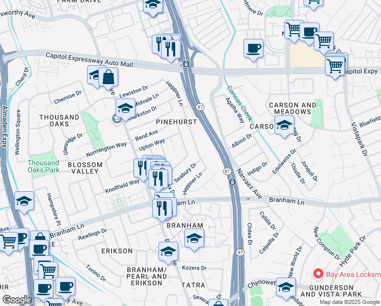 map of restaurants, bars, coffee shops, grocery stores, and more near 4250 Haines Avenue in San Jose