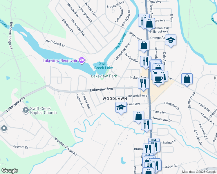 map of restaurants, bars, coffee shops, grocery stores, and more near 512 Lakeview Avenue in Colonial Heights