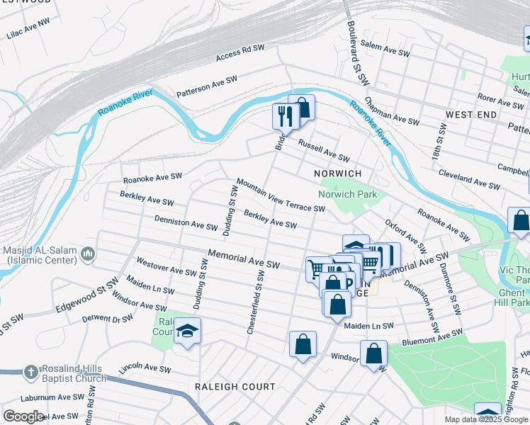 map of restaurants, bars, coffee shops, grocery stores, and more near 2211 Berkley Avenue Southwest in Roanoke