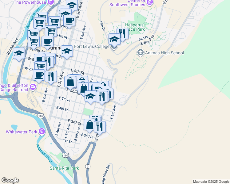 map of restaurants, bars, coffee shops, grocery stores, and more near 820 East 7th Street in Durango
