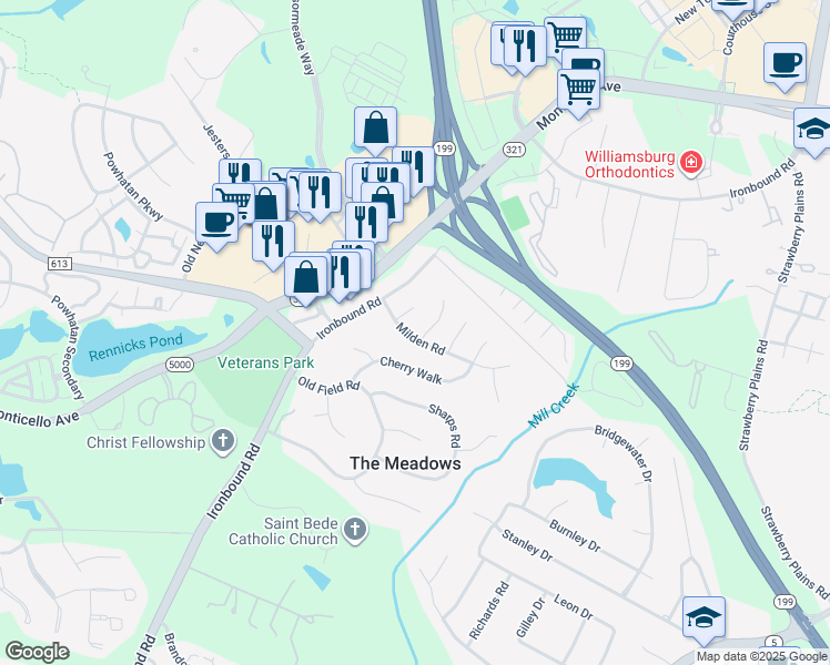 map of restaurants, bars, coffee shops, grocery stores, and more near 4817 Milden Road in Williamsburg