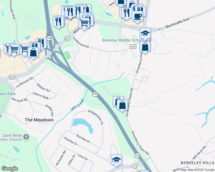 map of restaurants, bars, coffee shops, grocery stores, and more near 4062 Midlands Road in Williamsburg