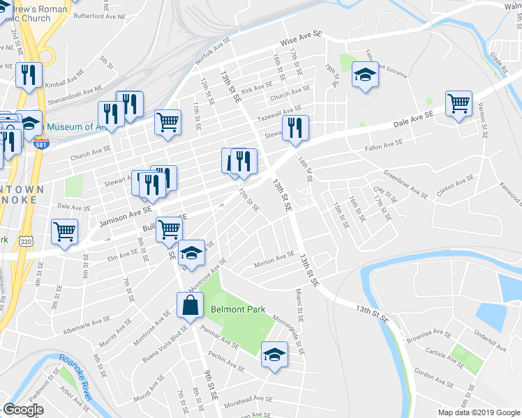 map of restaurants, bars, coffee shops, grocery stores, and more near 1012 12th Street Southeast in Roanoke