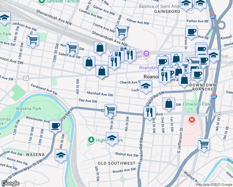 map of restaurants, bars, coffee shops, grocery stores, and more near 429 Marshall Avenue Southwest in Roanoke