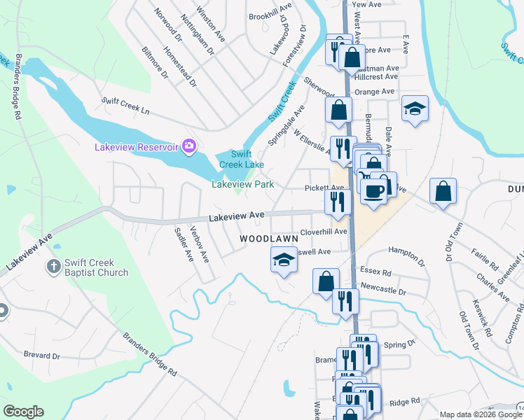 map of restaurants, bars, coffee shops, grocery stores, and more near 512 Lakeview Avenue in Colonial Heights