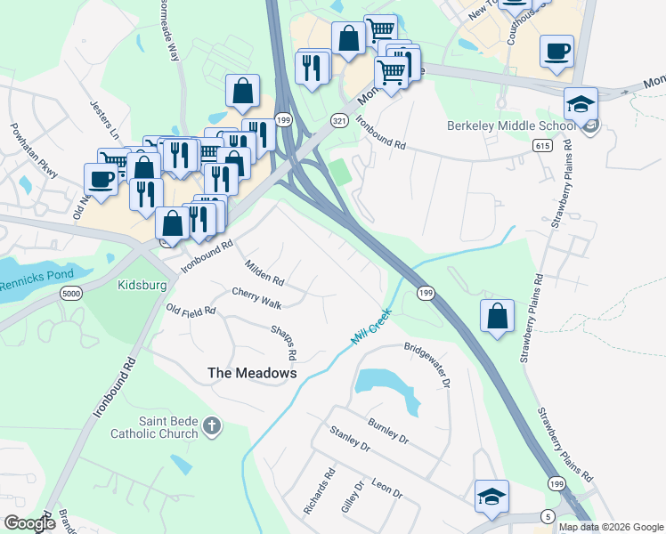 map of restaurants, bars, coffee shops, grocery stores, and more near 125 Indigo Dam Road in Williamsburg