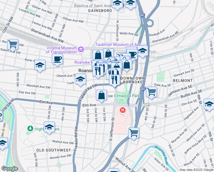 map of restaurants, bars, coffee shops, grocery stores, and more near 30 Franklin Road Southwest in Roanoke