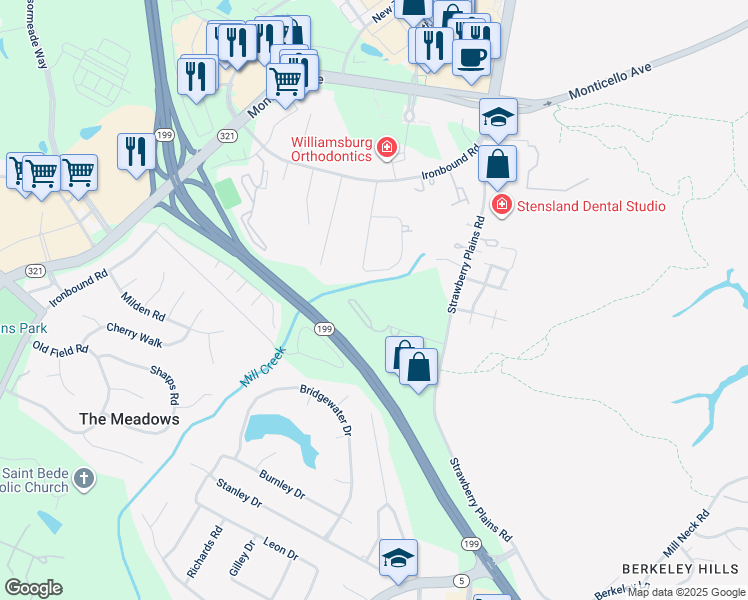 map of restaurants, bars, coffee shops, grocery stores, and more near 4043 Midlands Road in Williamsburg