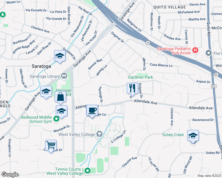 map of restaurants, bars, coffee shops, grocery stores, and more near 19222 Harleigh Drive in Saratoga