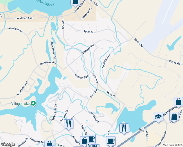 map of restaurants, bars, coffee shops, grocery stores, and more near 436 Midiron Avenue in Pagosa Springs
