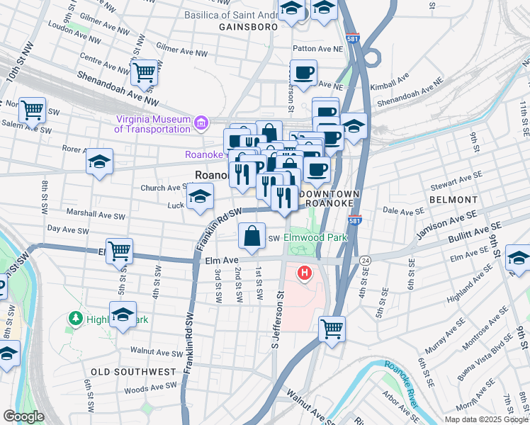 map of restaurants, bars, coffee shops, grocery stores, and more near 608 1st Street Southwest in Roanoke