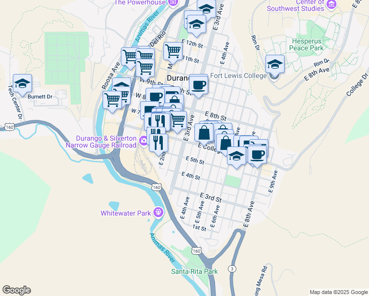 map of restaurants, bars, coffee shops, grocery stores, and more near 550 East 3rd Avenue in Durango
