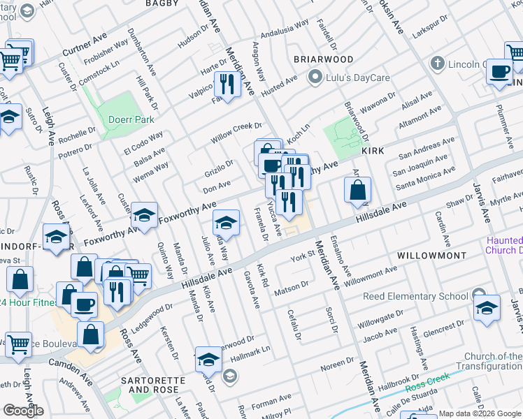 map of restaurants, bars, coffee shops, grocery stores, and more near 3086 Franela Drive in San Jose