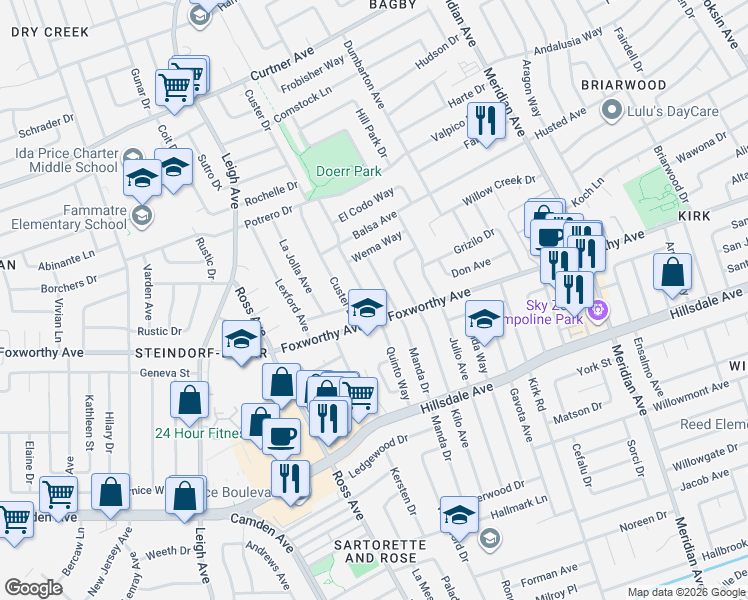 map of restaurants, bars, coffee shops, grocery stores, and more near 2953 Quinto Way in San Jose