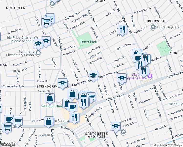 map of restaurants, bars, coffee shops, grocery stores, and more near 2953 Quinto Way in San Jose