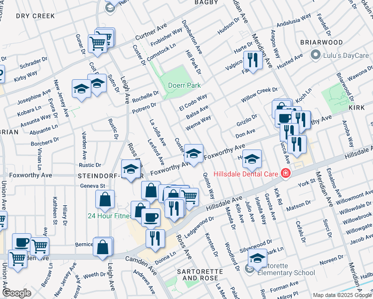 map of restaurants, bars, coffee shops, grocery stores, and more near 2953 Quinto Way in San Jose