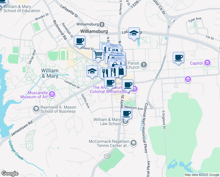 map of restaurants, bars, coffee shops, grocery stores, and more near 201-203 South Boundary Street in Williamsburg