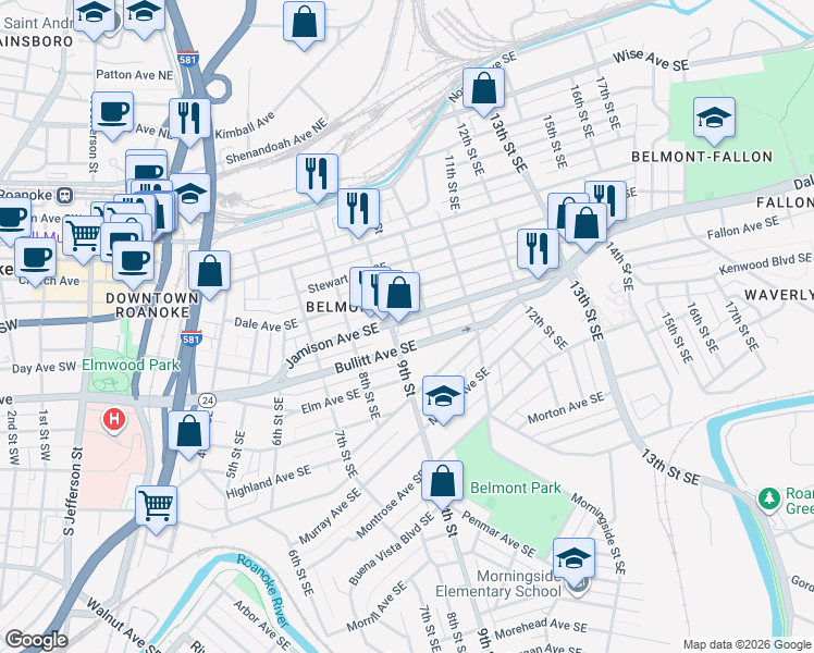 map of restaurants, bars, coffee shops, grocery stores, and more near 916 Bullitt Avenue Southeast in Roanoke