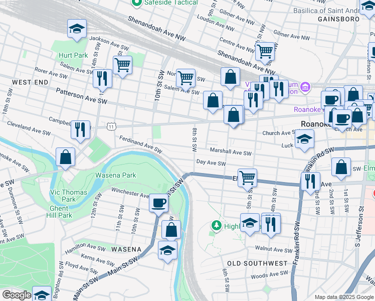 map of restaurants, bars, coffee shops, grocery stores, and more near 810 Marshall Avenue Southwest in Roanoke