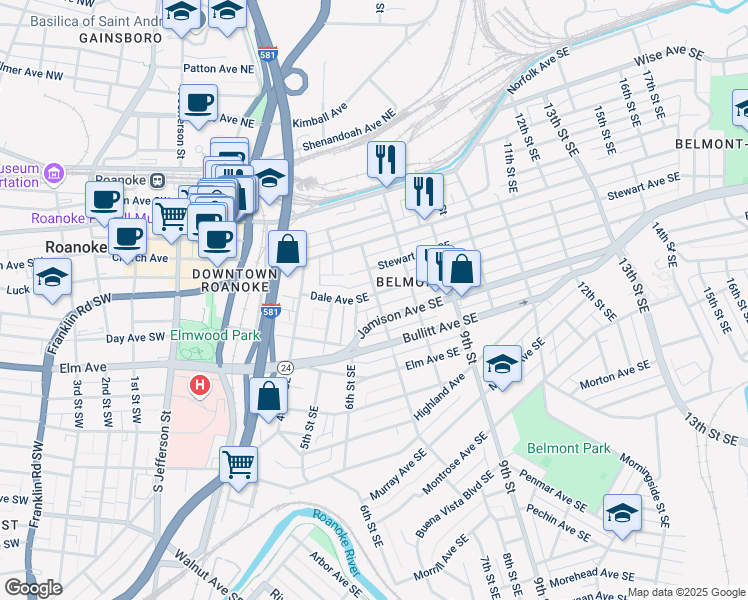 map of restaurants, bars, coffee shops, grocery stores, and more near 611 Dale Avenue Southeast in Roanoke